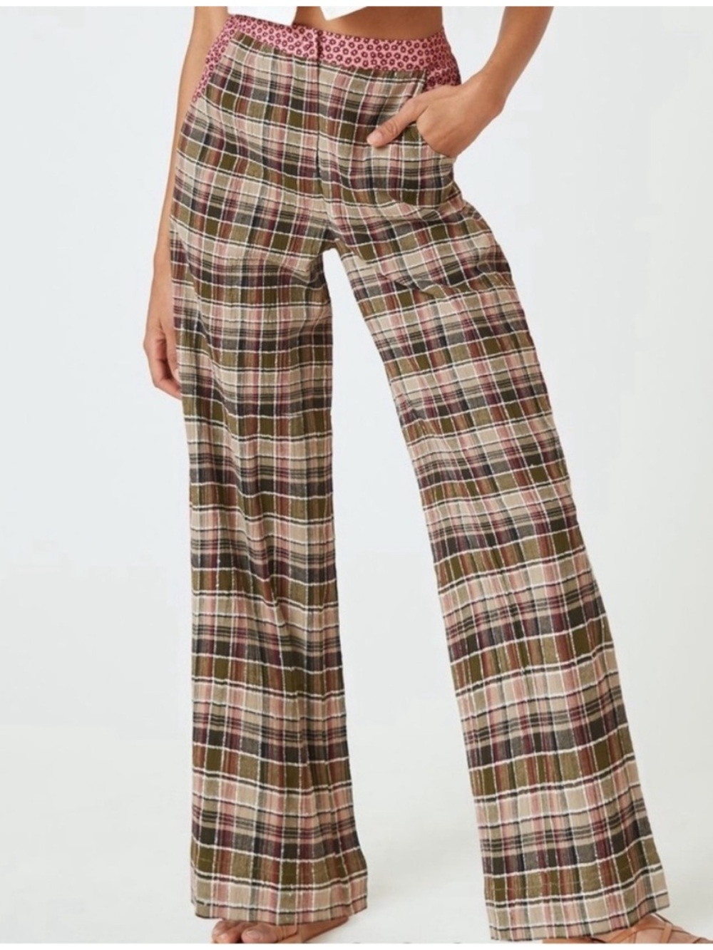 Anthropologie Plaid Wide-Leg Trousers with Pink Waistband